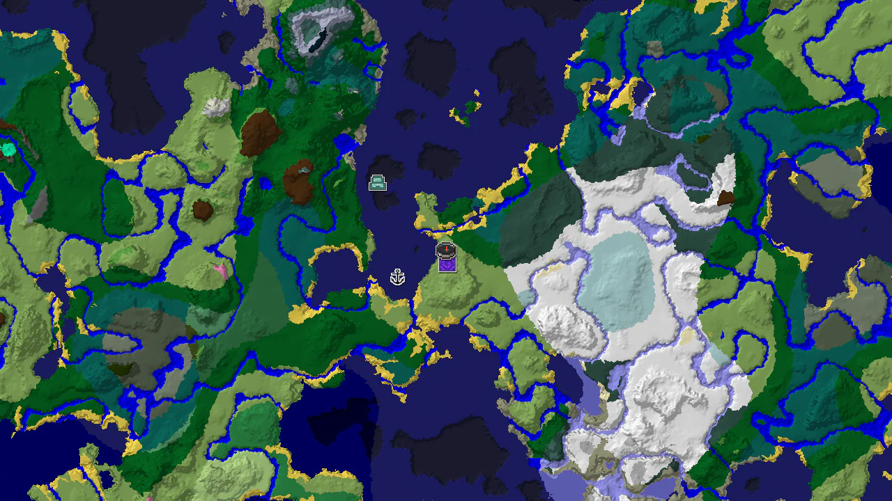A 2D top-down map of Minecraft seed 2342073869707192007, centered on spawn, showing a Plains biome, cold oceans, forests, and structure markers for a Ruined Portal, Shipwreck, and Ocean Monument.
