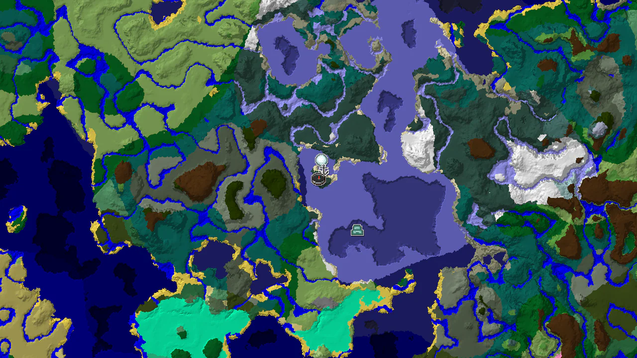 A 2D biome map centered on the spawn point, showing nearby snowy biomes and markers for an Igloo and an Ocean Monument.
