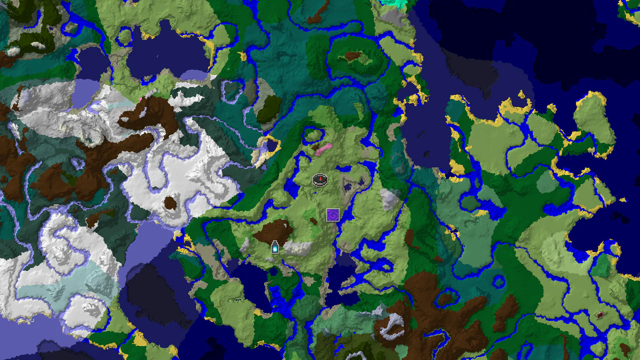 A top-down 2D biome map centered on the spawn point, showing various biomes and markers for a Ruined Portal and an Ancient City.