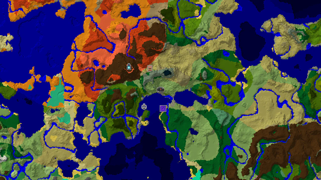 A top-down 2D biome map centered on the spawn point, marked with key structures.