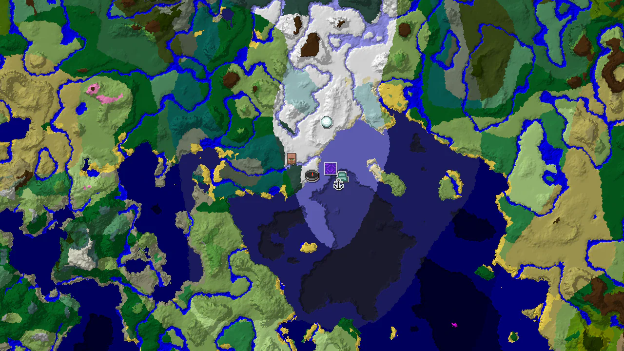 A 2D map centered on spawn, showing icy biomes like Snowy Plains and Frozen Ocean, with markers for a Ruined Portal, Shipwreck, and Ocean Monument.