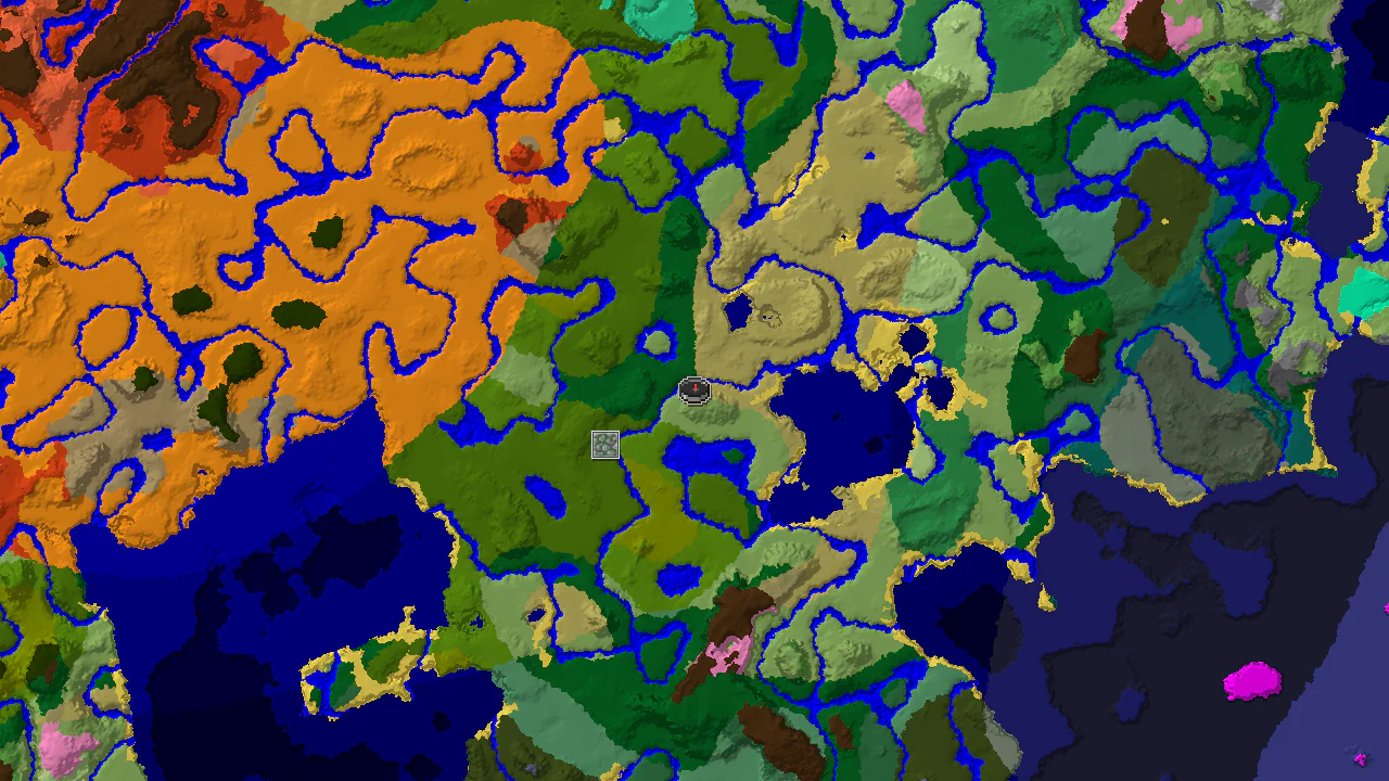 A 2D biome map centered on spawn, showing plains, forests, rivers, and jungles surrounding the spawn marker, with a Jungle Temple marker to the southwest.