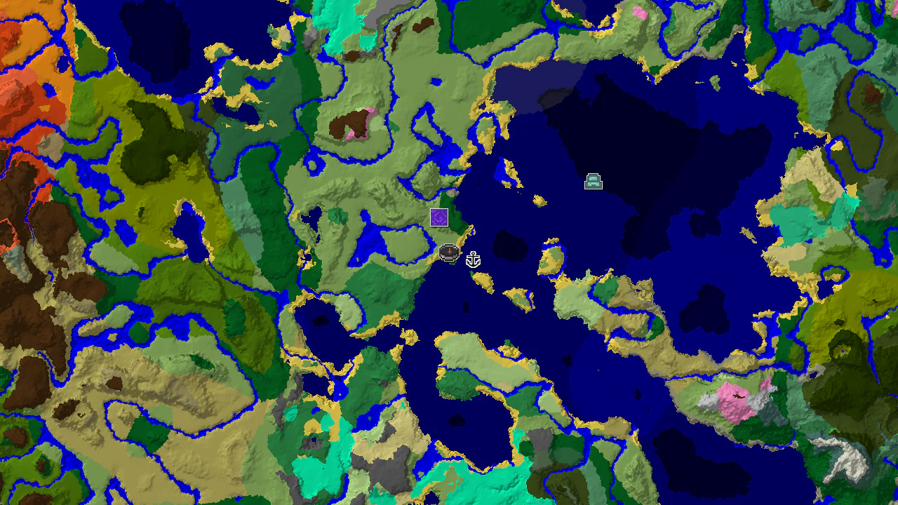 A 2D biome map centered on spawn, showing a Flower Forest biome about 64 blocks away, a Shipwreck to the east, and a Ruined Portal to the south.