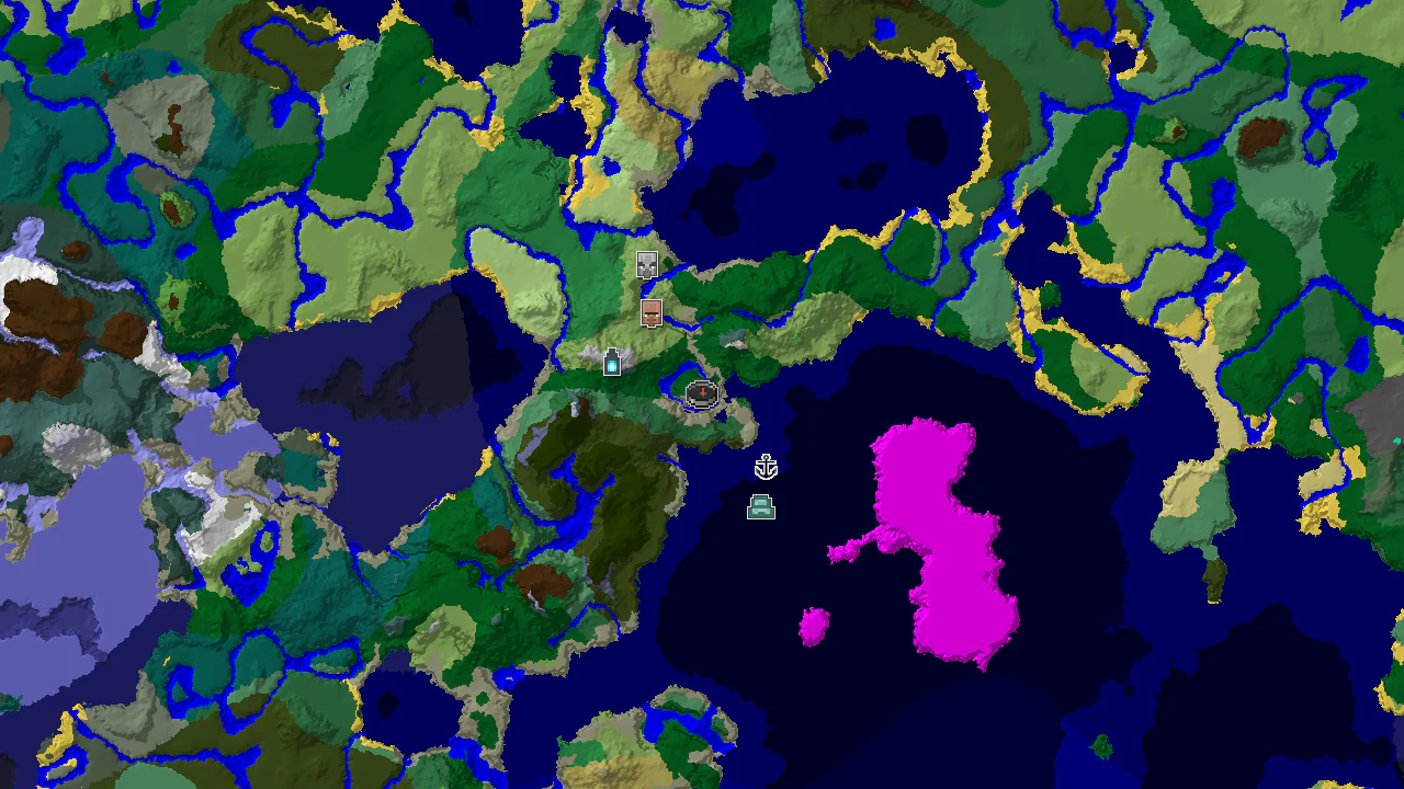 A 2D biome map centered on the spawn point, marked with icons for nearby structures including an Ancient City and a village.