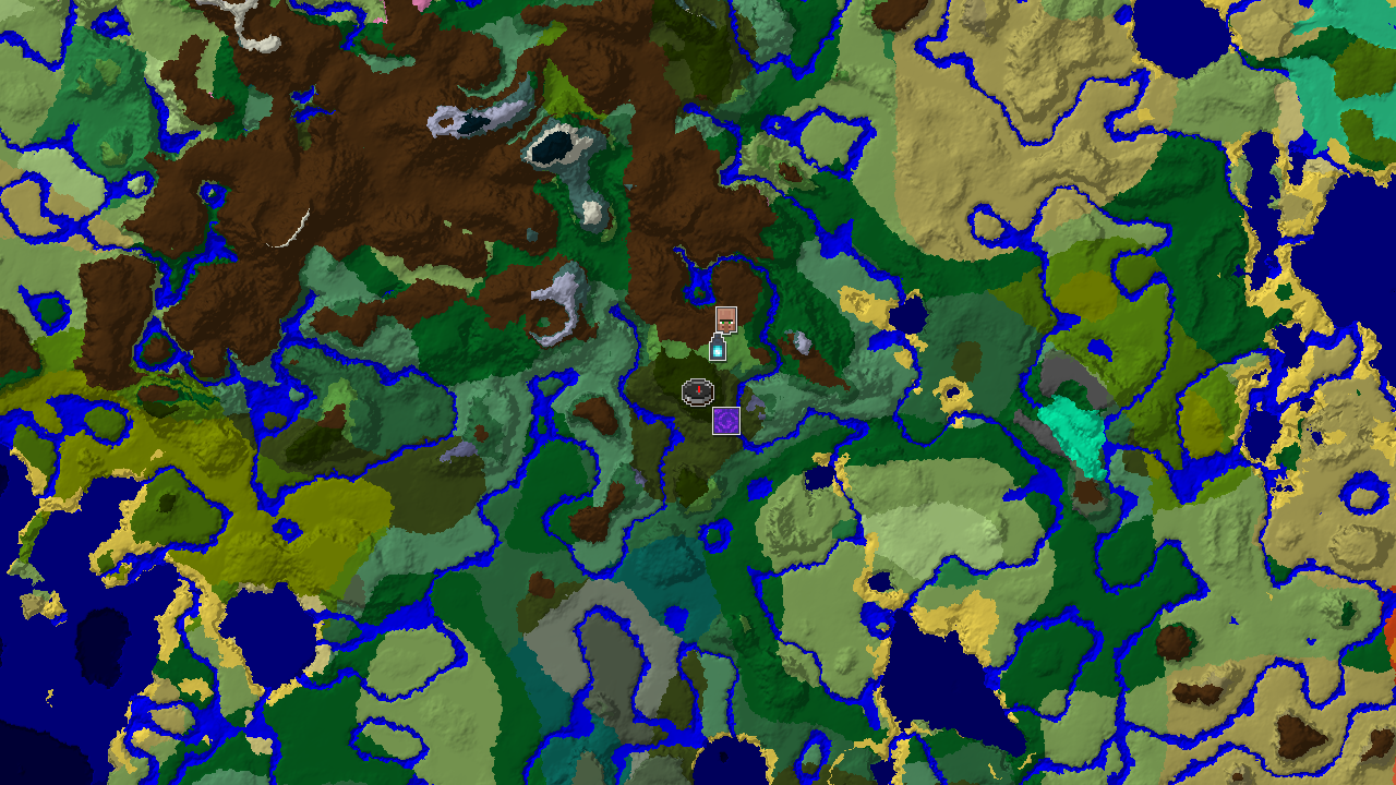 A top-down 2D biome map centered on the spawn point, showing Dark Forest, Forest, and Plains biomes, with markers for a nearby Ancient City and Ruined Portal.