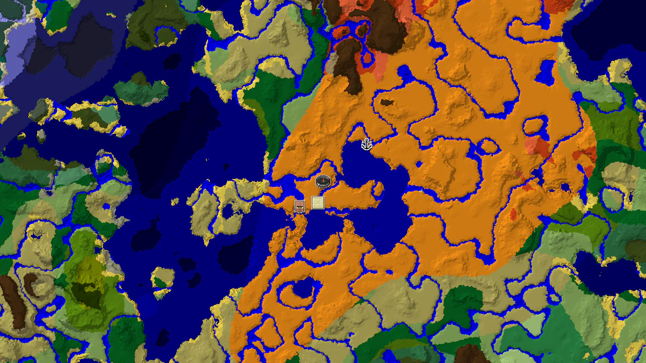 A top-down 2D biome map centered on the spawn point in a desert, showing a nearby desert pyramid and a village next to a river.