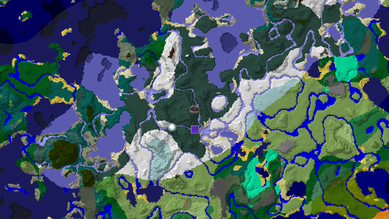 A top-down 2D biome map centered on the spawn point, showing snowy biomes, a ruined portal, and an igloo.
