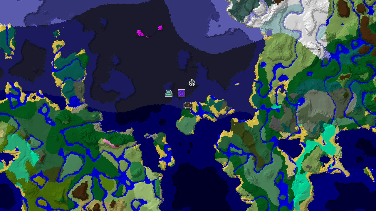 A top-down 2D biome map centered on the spawn point, marked by an icon, showing nearby biomes and markers for structures like an Ocean Monument and Ruined Portal.