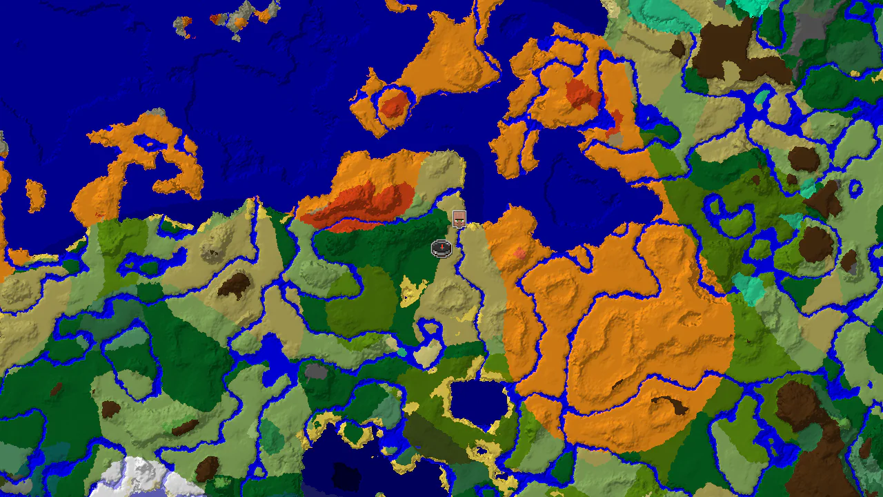 A top-down 2D biome map centered on spawn, showing a forest, savanna, desert, and warm ocean with a village marker.