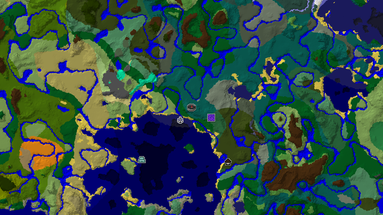 A 2D map of seed 2810605546287214208, centered on a Taiga biome spawn with markers for a Woodland Mansion, Ruined Portal, Shipwreck, and Ocean Monument.