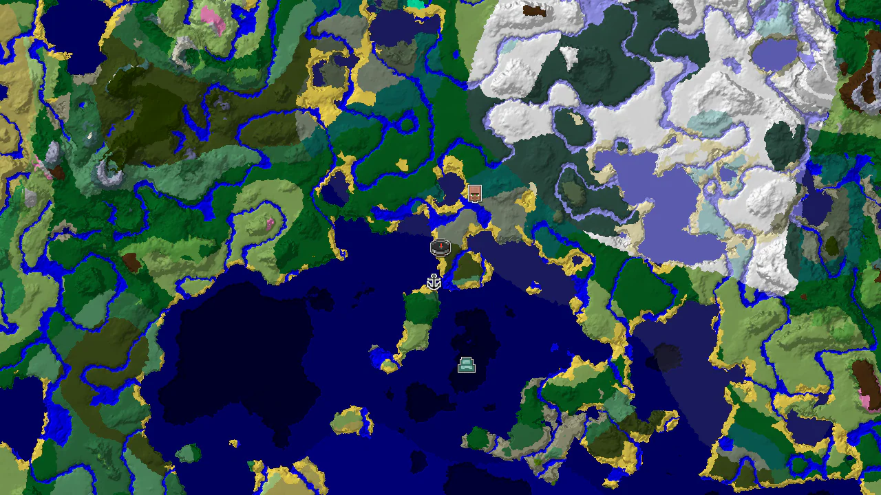 A 2D biome map centered on the spawn point, showing Dark Forest, Ocean, Beach, and Old Growth Spruce Taiga biomes, with markers for a nearby shipwreck, village, and ocean monument.