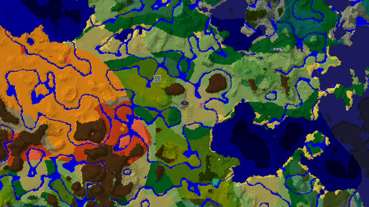 A top-down 2D biome map centered on the spawn point, showing savanna, plains, and jungle biomes, with markers for a village and jungle temple.
