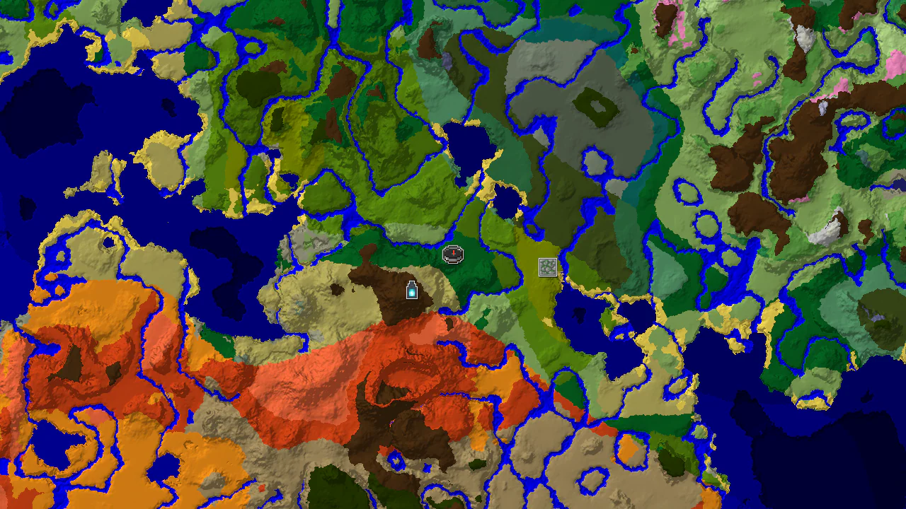 A 2D biome map centered on spawn, showing forest, jungle, and badlands, with a marker for an Ancient City to the northwest.