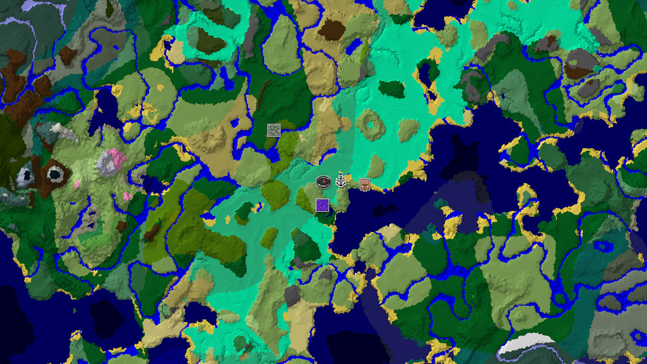 A 2D top-down biome map centered on the spawn point, showing various biomes and markers for nearby structures.