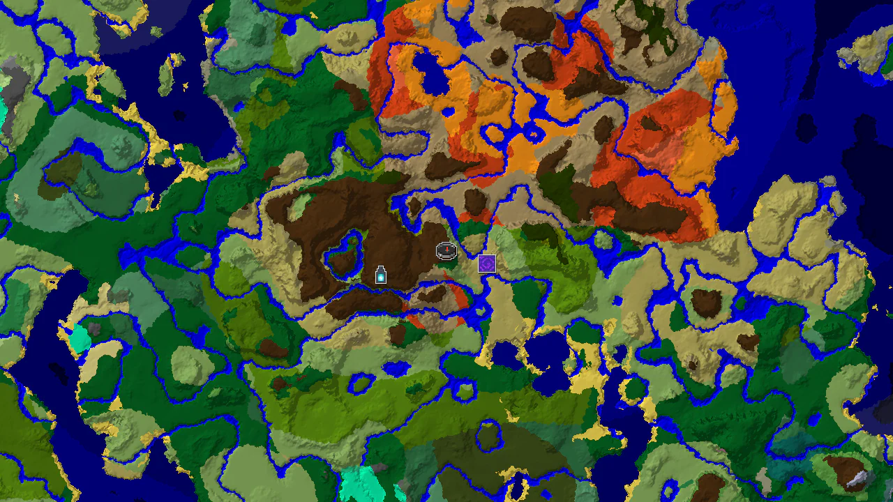 A 2D biome map centered on spawn, showing a forest biome with nearby plains, savannas, and various jungle biomes, and markers for a ruined portal and an ancient city.
