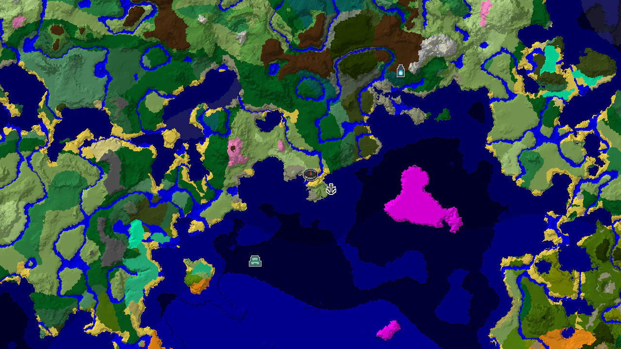 A top-down 2D biome map centered on the spawn point, marked on a Beach, showing nearby plains, forests, and the surrounding ocean.