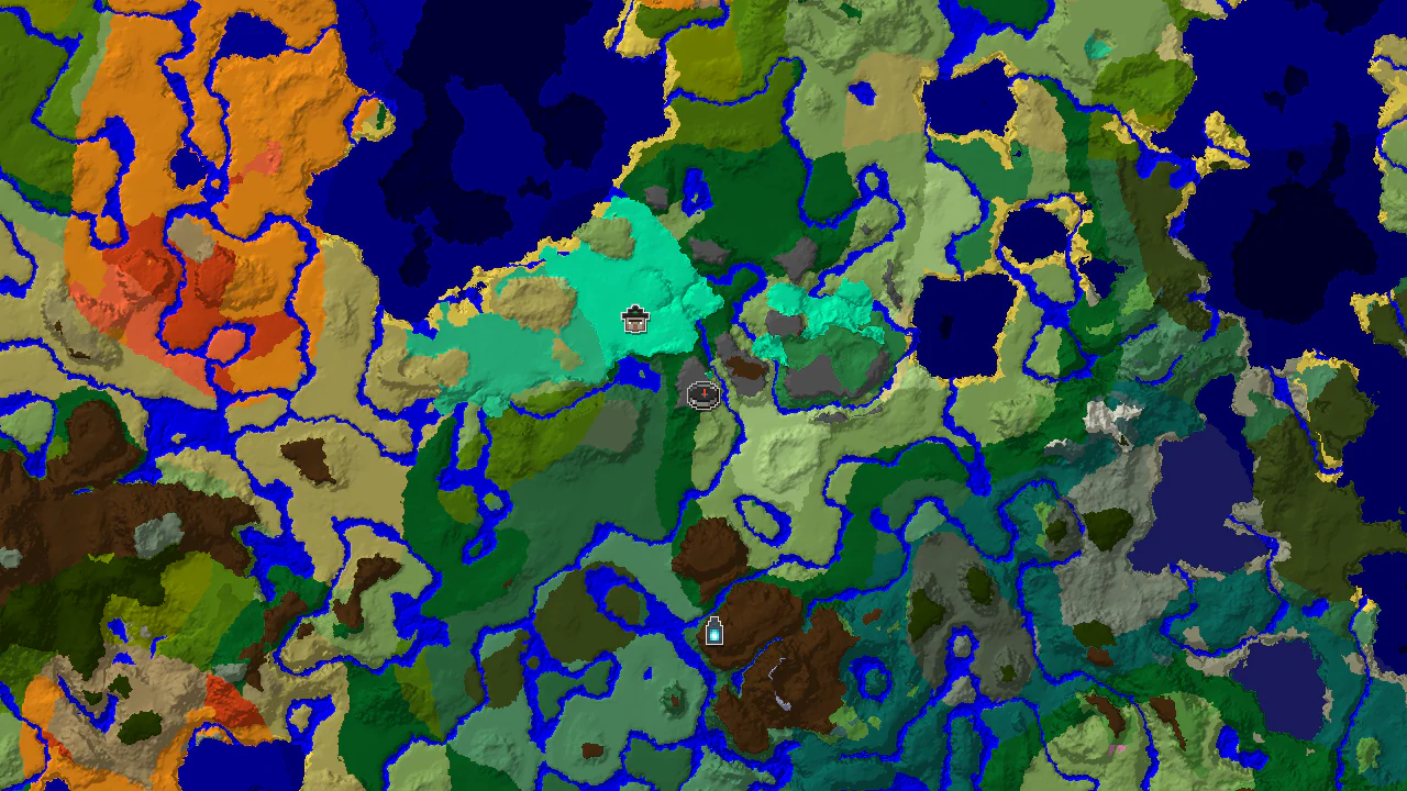 A top-down 2D biome map centered on spawn, showing various biomes and markers for a Witch Hut and an Ancient City.