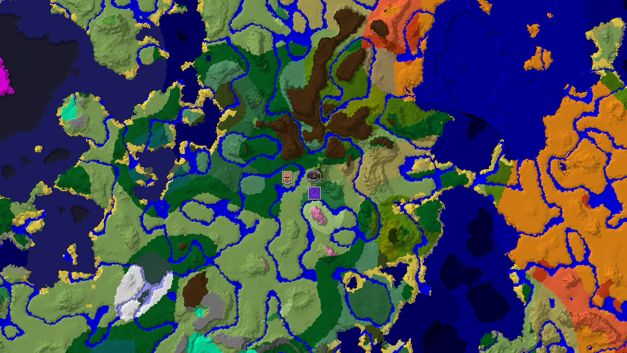 A top-down 2D biome map centered on spawn, showing meadow, plains, and forest biomes with markers for a ruined portal and a village.