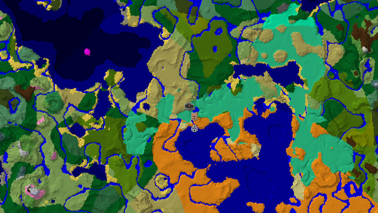 A top-down 2D biome map centered on spawn, showing a Mangrove Swamp to the south and a village to the east, with a spawn marker and structure markers.