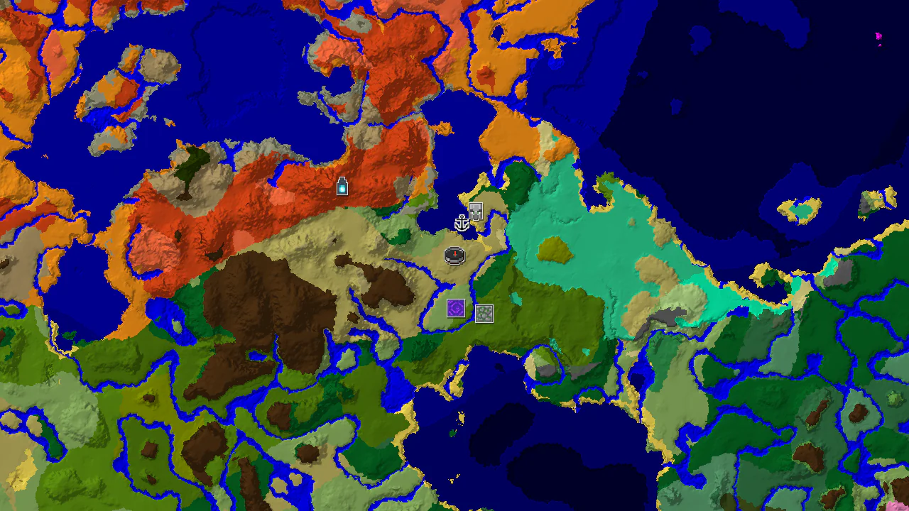 A top-down 2D biome map centered on spawn, showing a savanna spawn with markers for a shipwreck, ruined portal, pillager outpost, and ancient city.