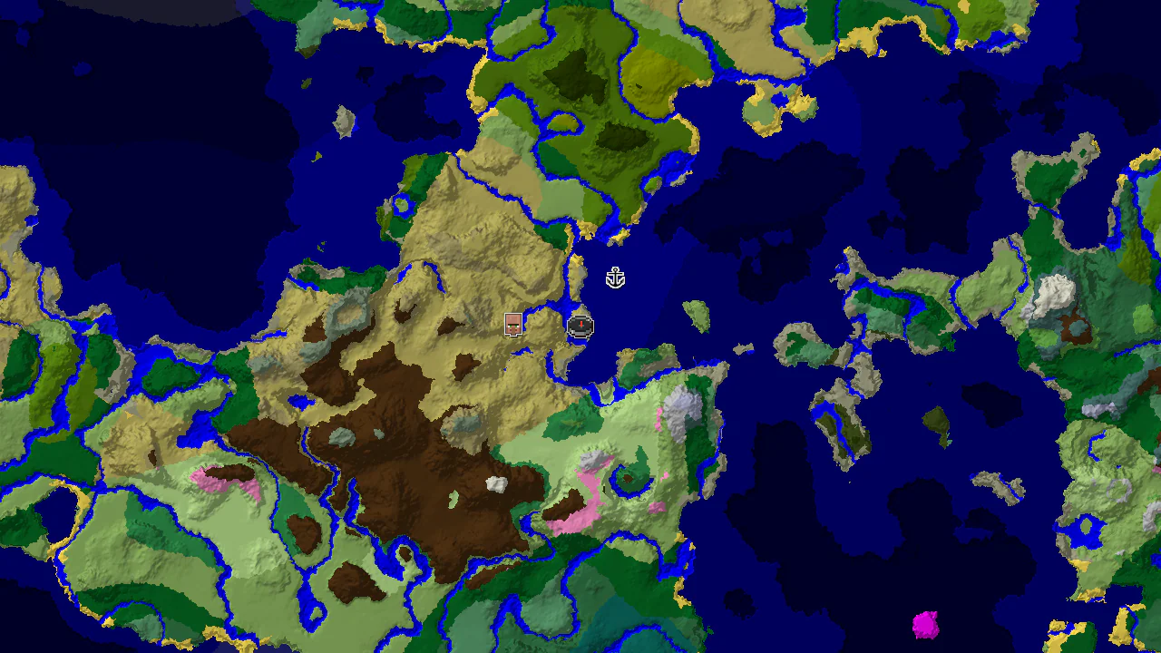 A 2D top-down biome map centered on the spawn point, showing savanna, ocean, and river biomes, with markers for a village and shipwreck.