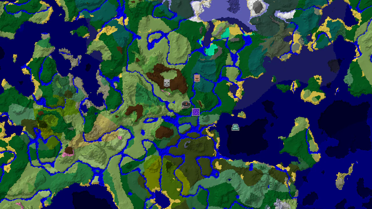 A top-down 2D biome map centered on the spawn point, showing Plains, Forest, and River biomes, with markers for a Ruined Portal and a Village.