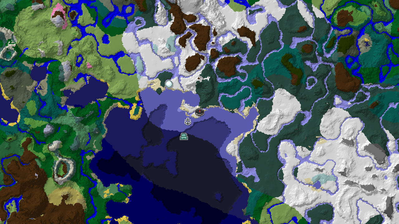 A 2D biome map centered on spawn, showing a large snowy plains area with nearby frozen oceans and taiga, with markers for a shipwreck and an ocean monument.