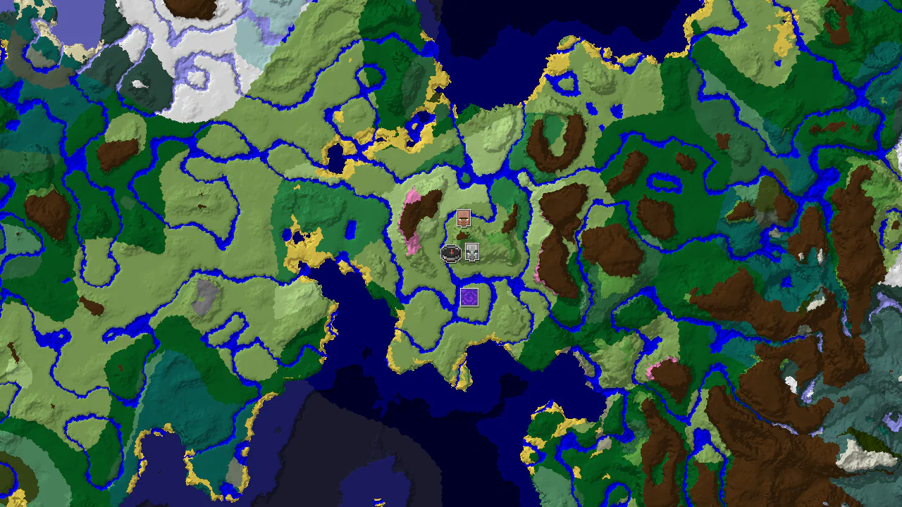 A 2D top-down biome map centered on the spawn point, showing nearby biomes and markers for structures like a Pillager Outpost and a Village.