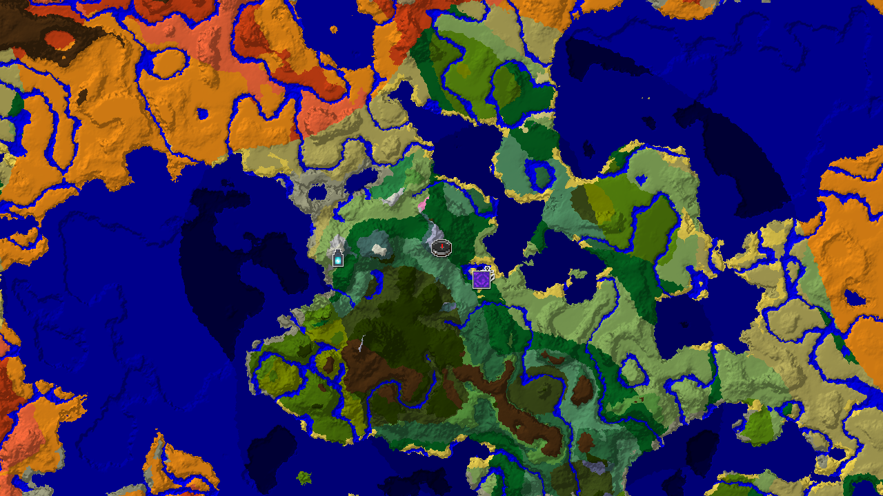 A 2D biome map centered on spawn, showing Frozen Peaks and surrounding biomes, with markers for a Ruined Portal, Shipwreck, and Ancient City.