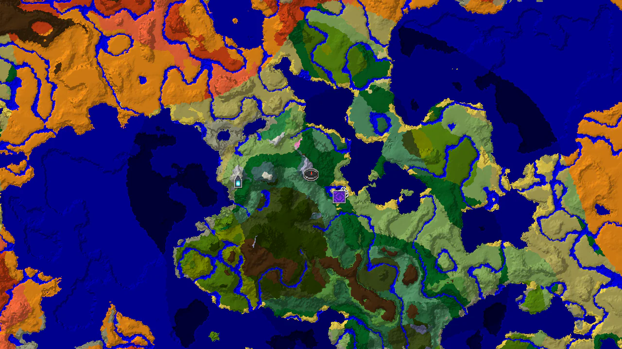 A 2D biome map centered on spawn, showing Frozen Peaks and surrounding biomes, with markers for a Ruined Portal, Shipwreck, and Ancient City.
