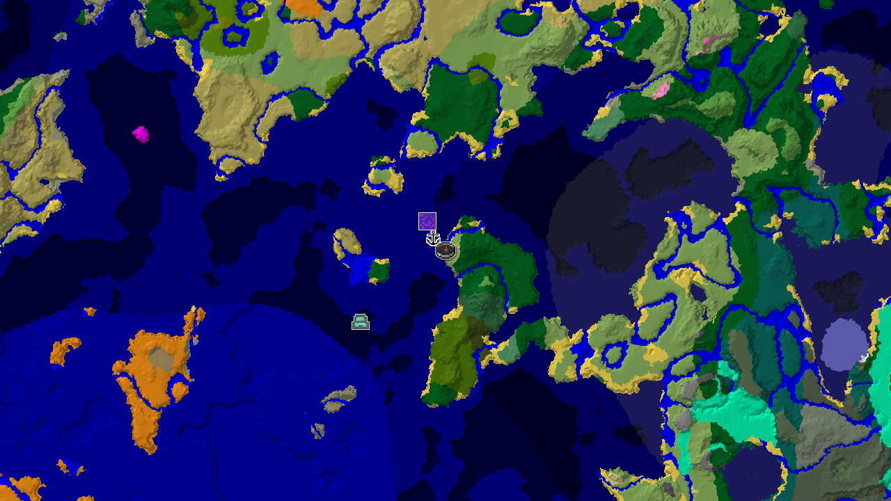 A top-down 2D biome map centered on spawn, showing plains, ocean, and a shipwreck to the south.