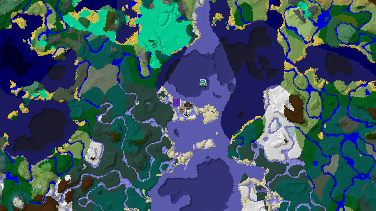 A top-down 2D biome map centered on the spawn point, marked with a player icon, showing nearby structures like a village and shipwreck.