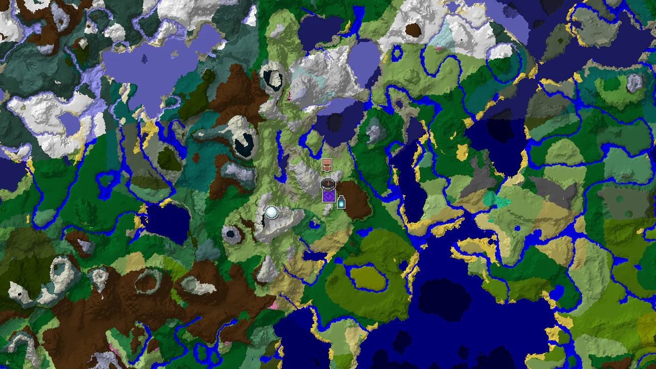 A 2D top-down biome map centered on spawn, showing snowy slopes and nearby plains, with markers for a village, ruined portal, and ancient city.
