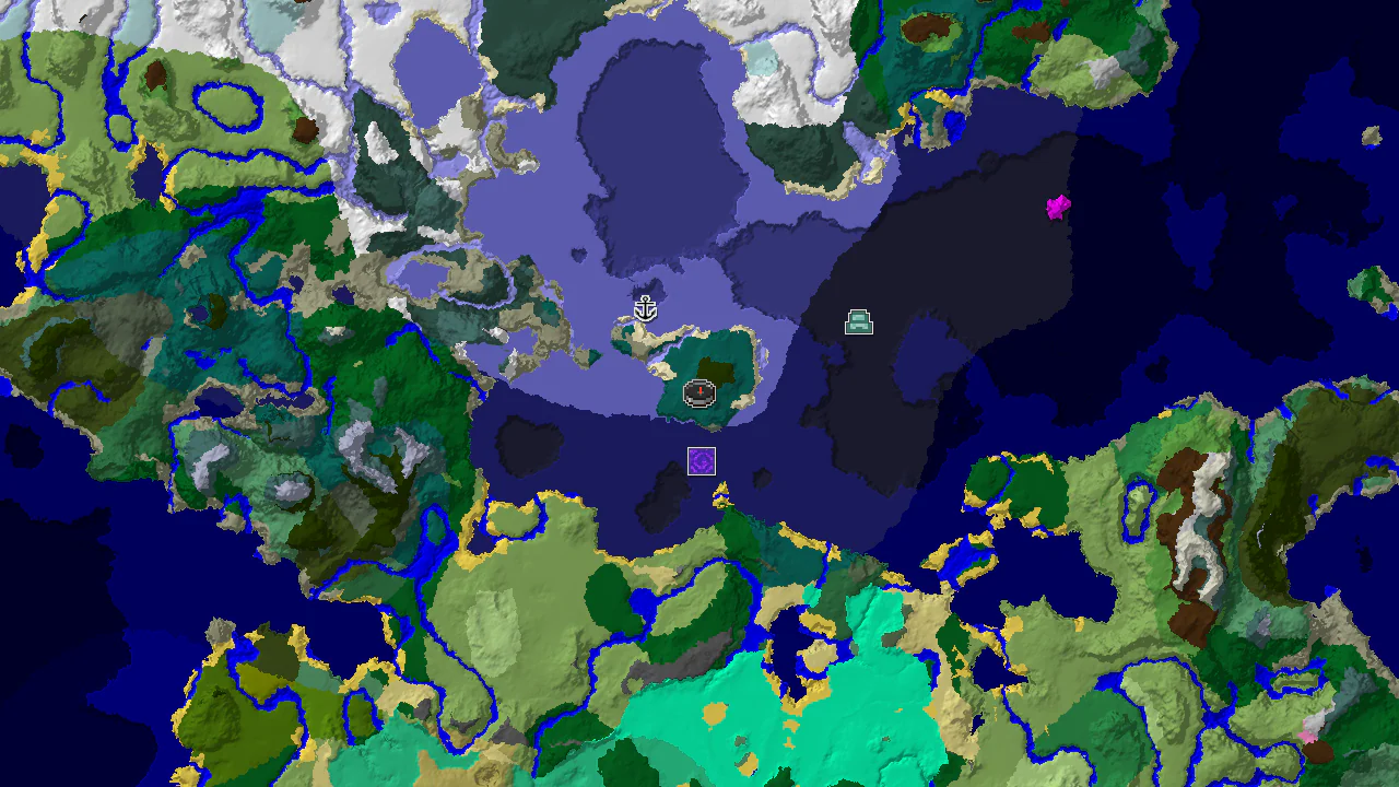 A 2D top-down biome map centered on spawn, showing a large cold ocean to the west and south, with taiga biome surrounding the spawn marker, and markers for a ruined portal and ocean monument.