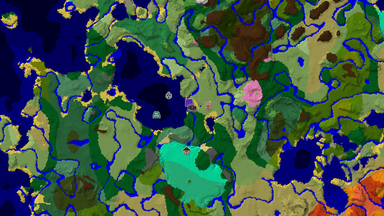 A 2D biome map centered on the spawn point, showing Plains, Ocean, and Forest biomes, with markers for a village and a ruined portal.