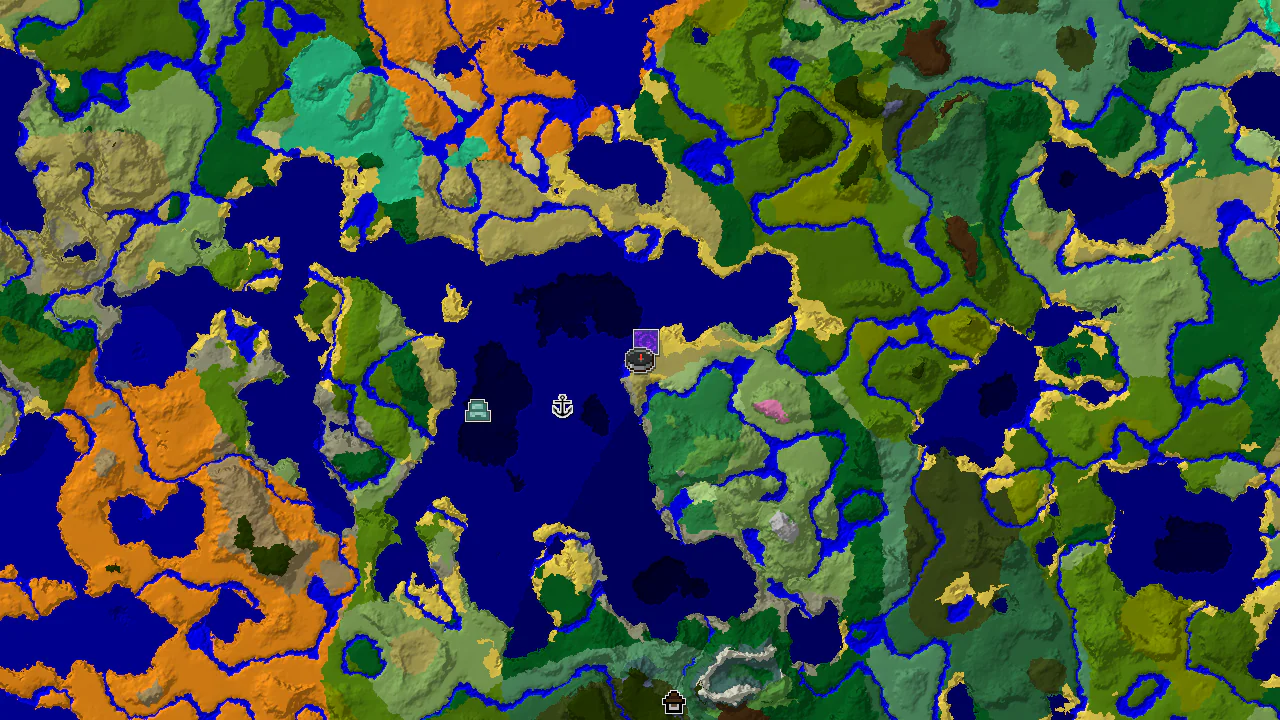 A top-down 2D biome map centered on spawn, showing savanna, ocean, and river biomes, with markers for a nearby ruined portal and shipwreck.