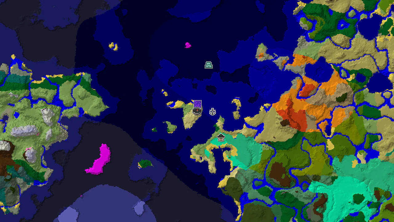 A 2D top-down biome map centered on the spawn point, showing nearby structures including a Ruined Portal and an Ocean Monument.