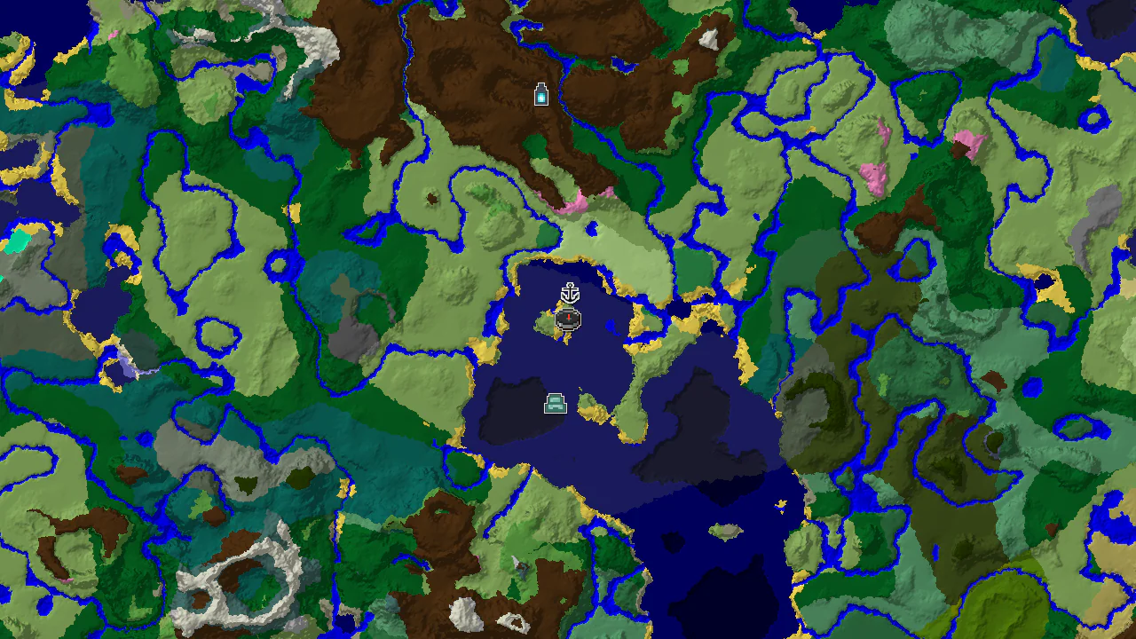 A top-down 2D biome map centered on spawn, showing a large Plains area, nearby ocean biomes, and markers for a shipwreck, ocean monument, and an ancient city.