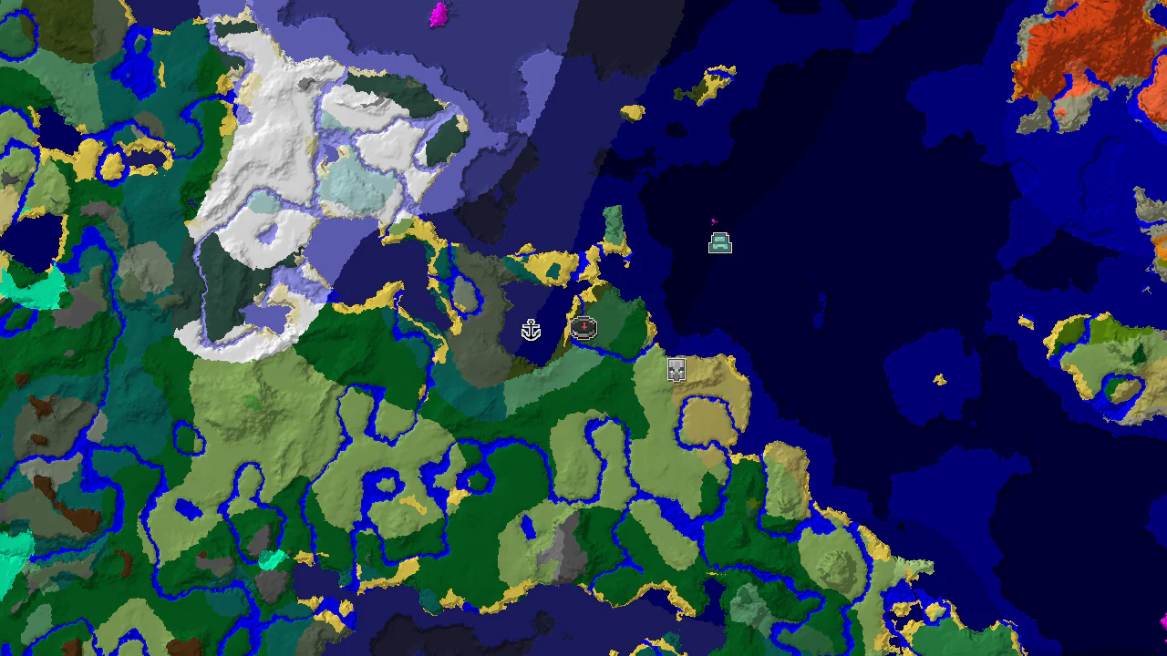 A 2D top-down biome map centered on the spawn point, showing a Birch Forest spawn with markers for nearby structures.