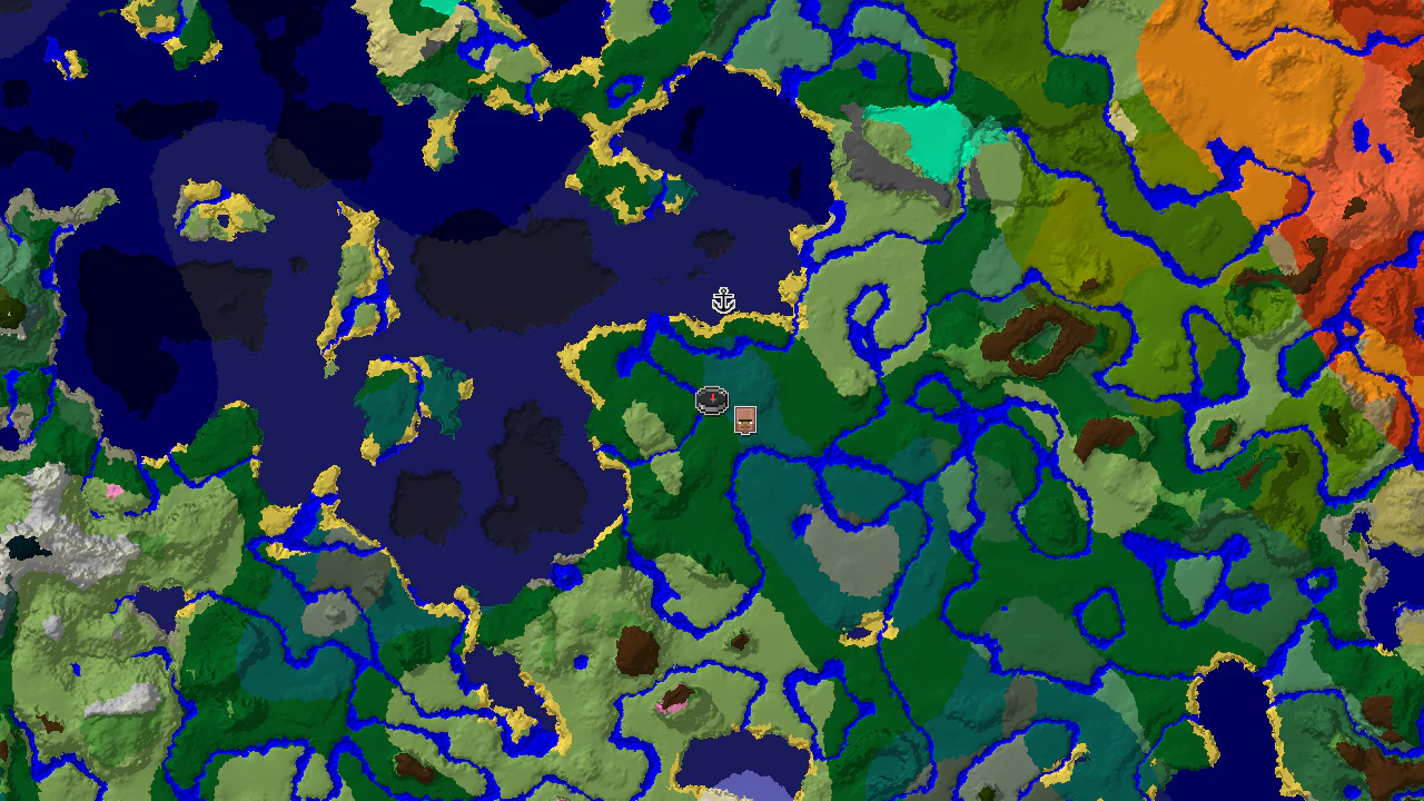 A top-down 2D biome map centered on spawn, showing a forest spawn with a village marker to the southeast.