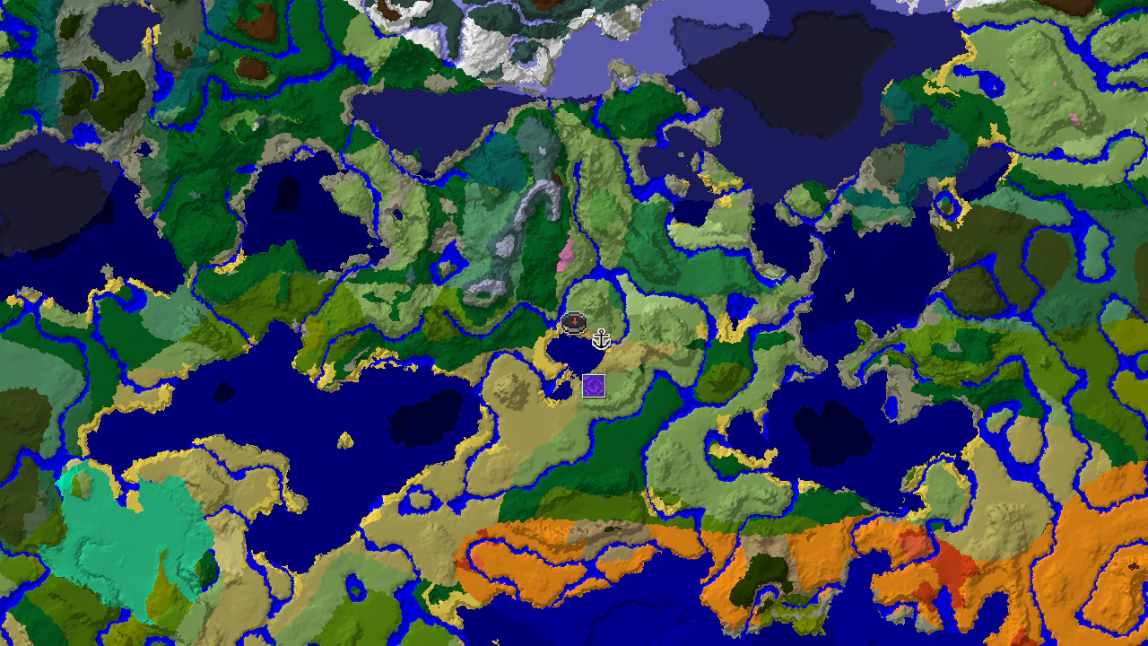 A top-down 2D biome map centered on spawn, showing a shipwreck to the east and a ruined portal to the northeast.