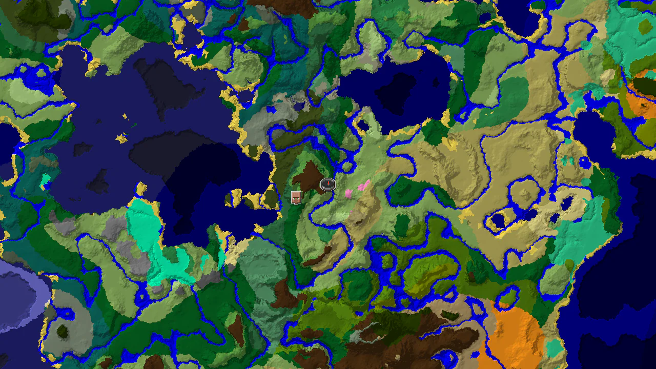 A 2D biome map centered on spawn, showing forest, plains, and a village marker to the west.