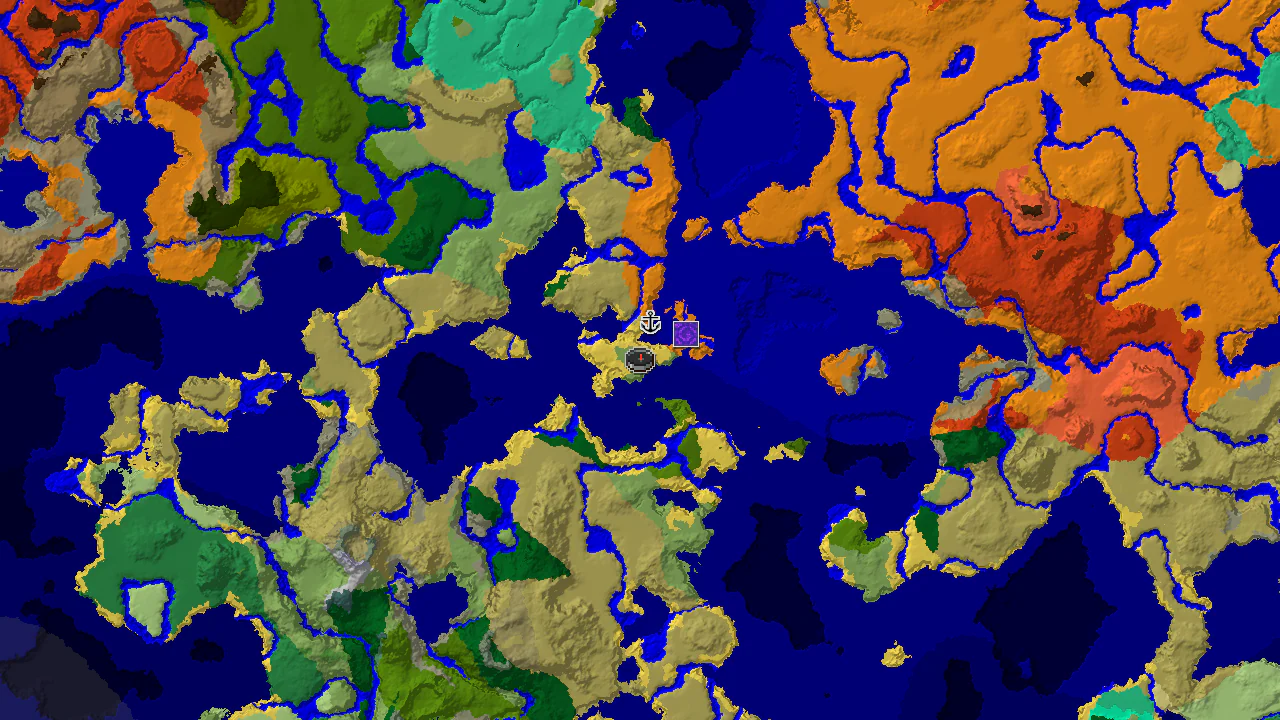 A 2D biome map centered on spawn, showing a coastal Plains biome with nearby ocean, a shipwreck marker, and a ruined portal marker.