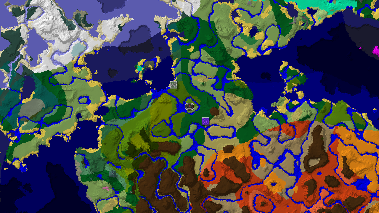 A top-down 2D biome map centered on the spawn point, with markers indicating a nearby jungle temple and ruined portal.
