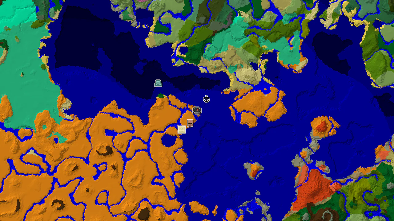A top-down 2D biome map centered on spawn, showing desert, warm ocean, and river biomes, with markers for a village and shipwreck nearby.