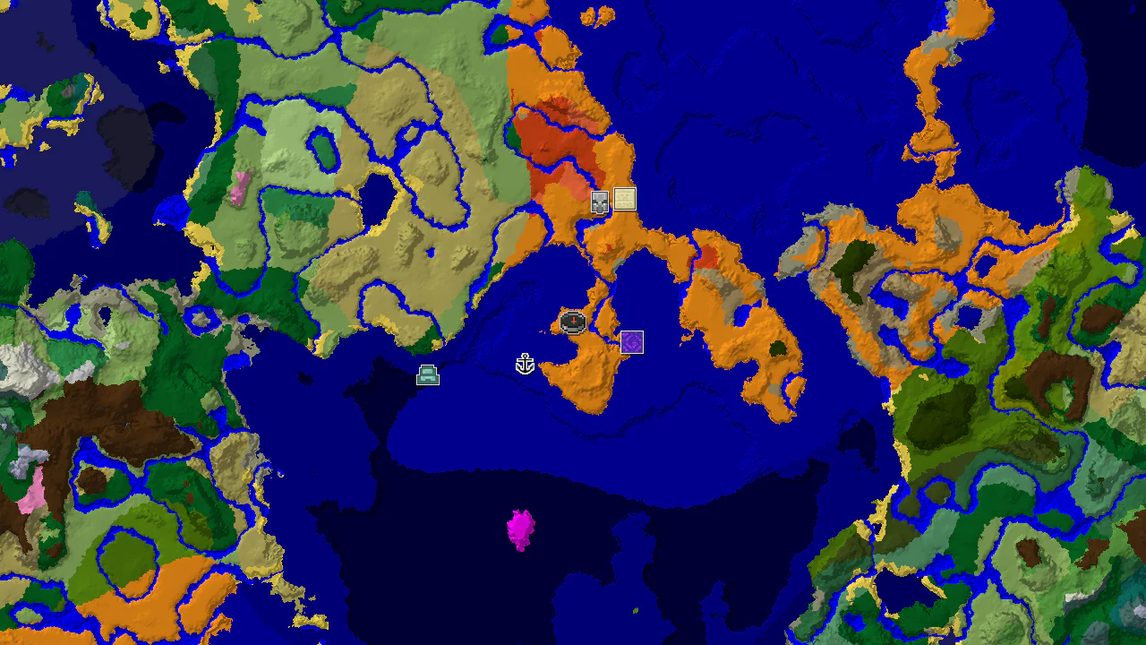A top-down 2D biome map centered on spawn, showing a desert island surrounded by warm ocean, with markers for a ruined portal, shipwreck, and desert pyramid.