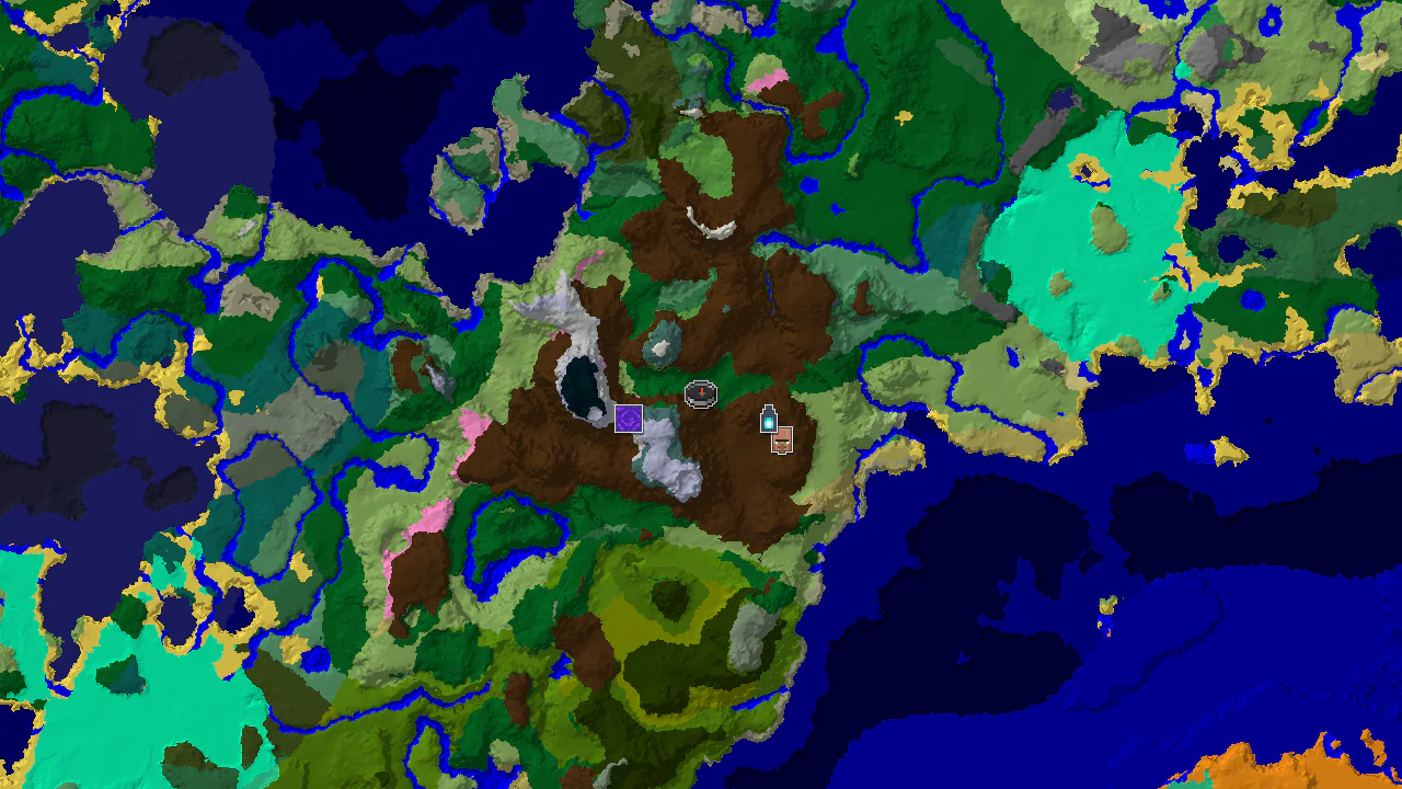 A top-down 2D biome map centered on spawn, showing forest, plains, and various mountain biomes, with markers for a village, ruined portal, and ancient city.