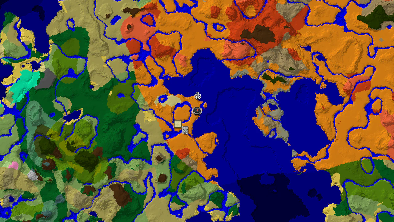 A 2D biome map centered on spawn, showing desert, warm ocean, and river biomes, with markers for a shipwreck, pillager outpost, and desert pyramid.