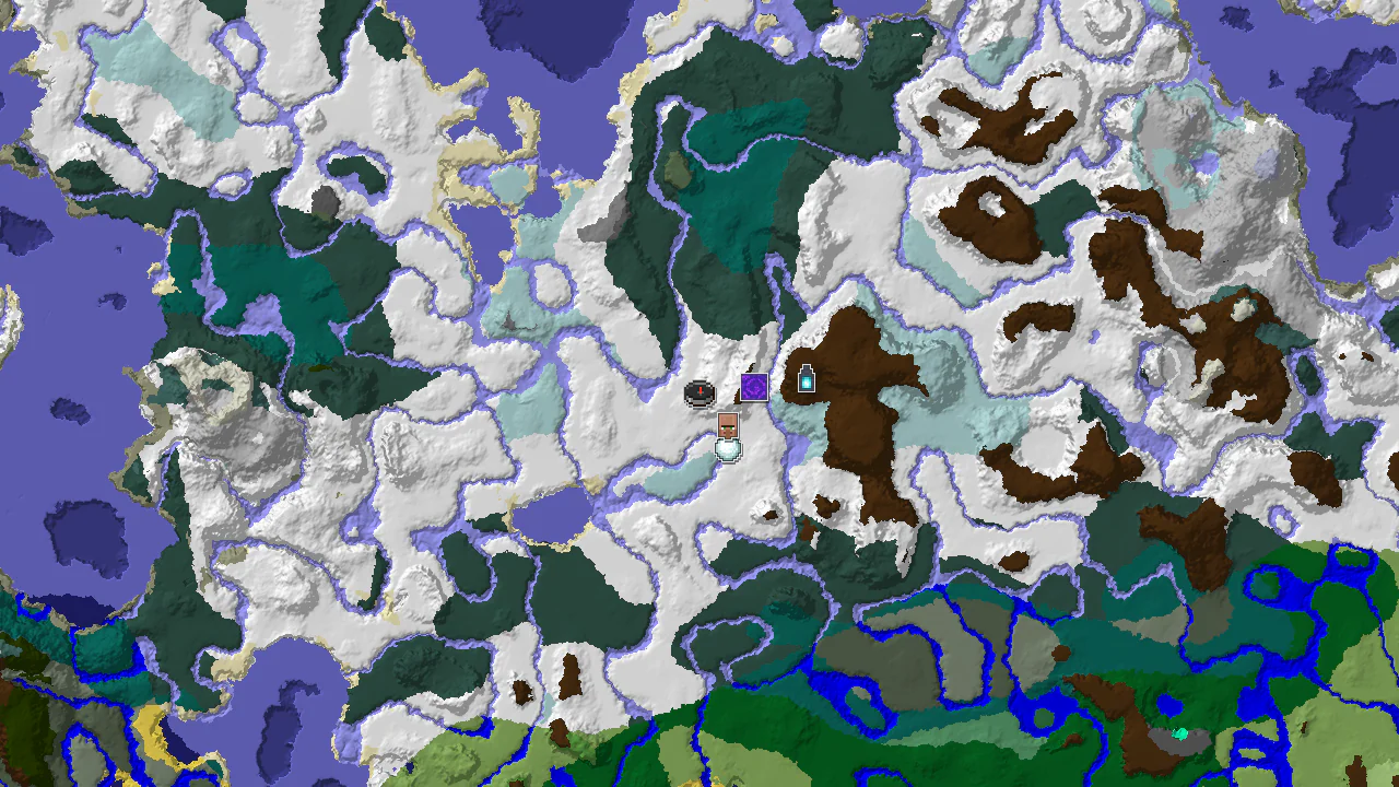 A 2D top-down biome map centered on spawn, showing snowy biomes and markers for a village, ruined portal, and ancient city.