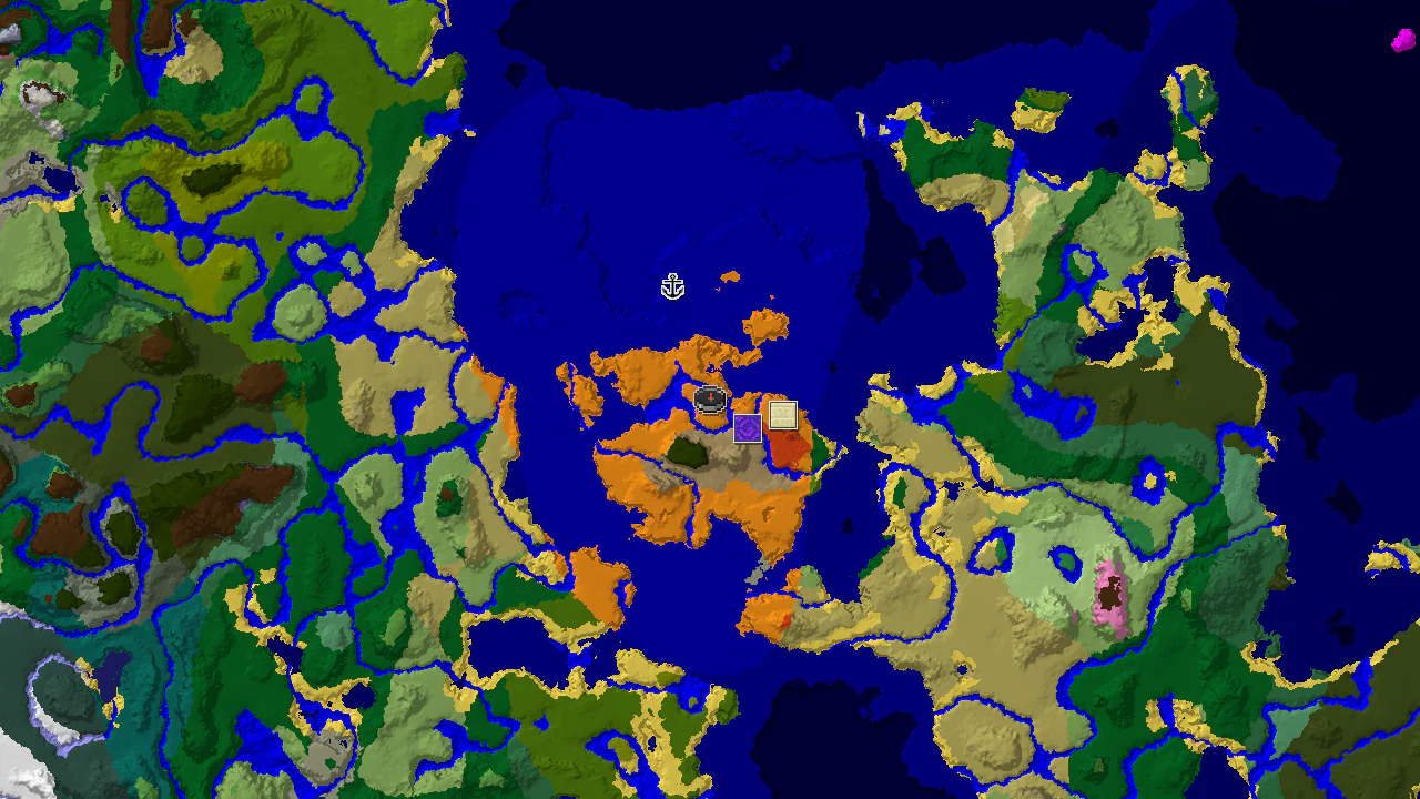 A 2D top-down biome map centered on spawn, showing desert, warm ocean, and river biomes, with markers for a desert pyramid, ruined portal, and shipwreck.